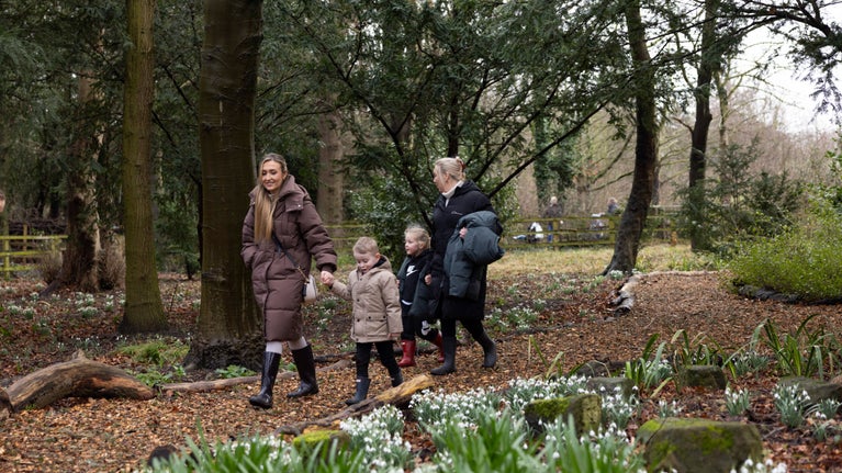 Family enjoying the garden in winter with snowdrops in foreground